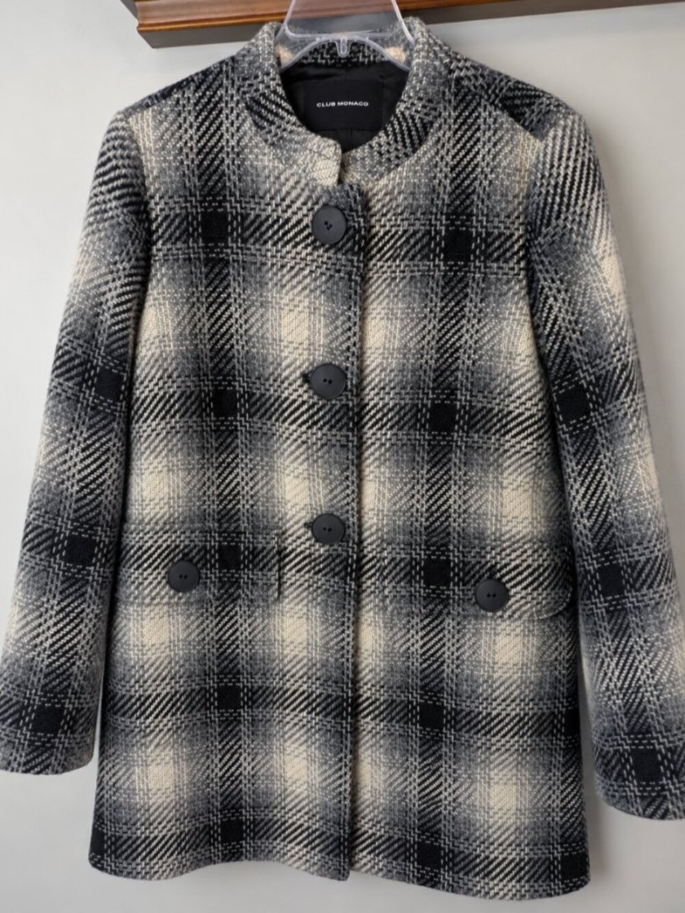 Club Monaco Wool Plaid Coat Women’s M Black Gray Ivory